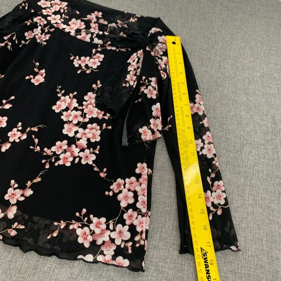 Jessica Max Floral Black Blouse Long Sleeve Mesh Material Tie on the side Neck - Picture 4 of 13